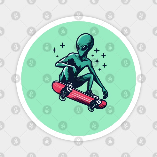 Skate into the Unknown: Whimsical Alien Skateboard Art Prints for an Otherworldly Ride! Magnet by insaneLEDP